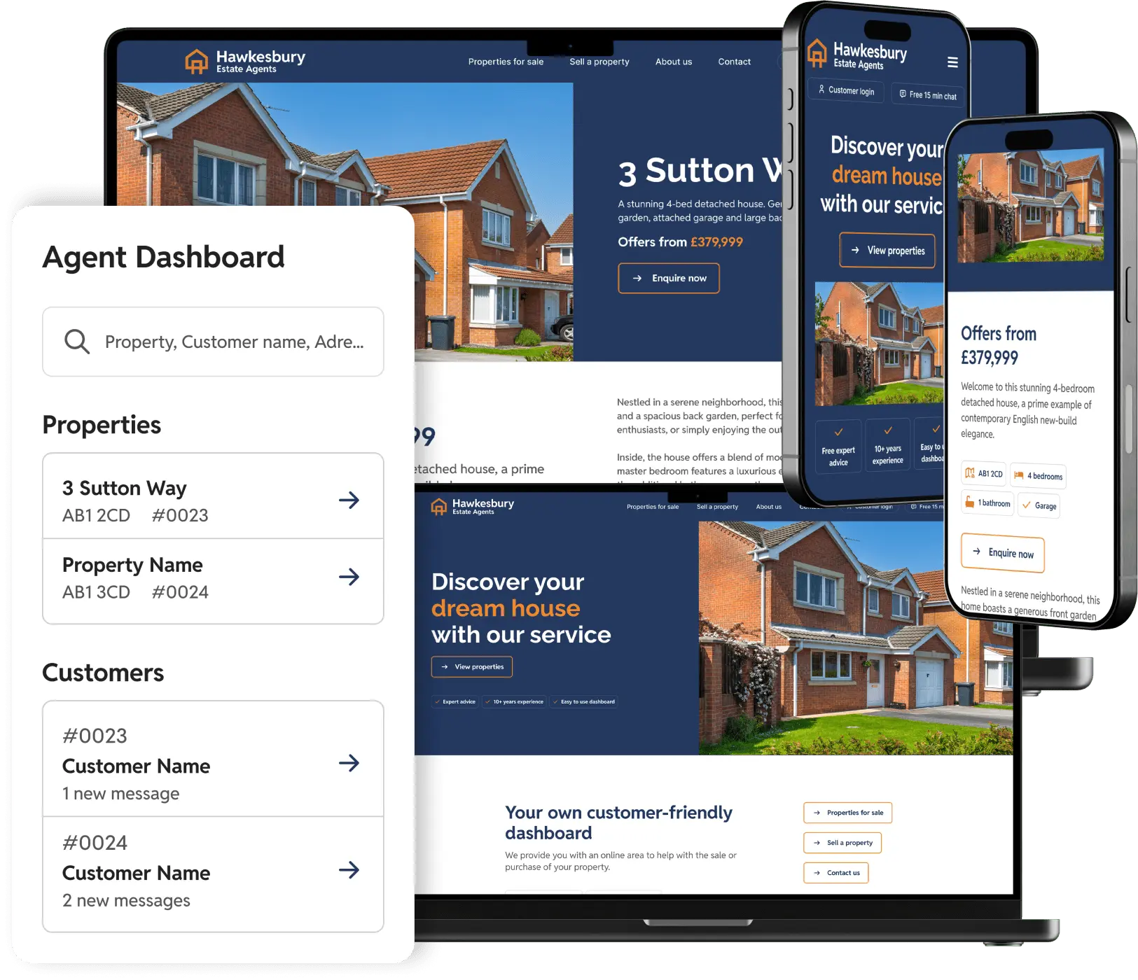 An example of a website for an estate agent. Showcasing the client and property management dashboard.