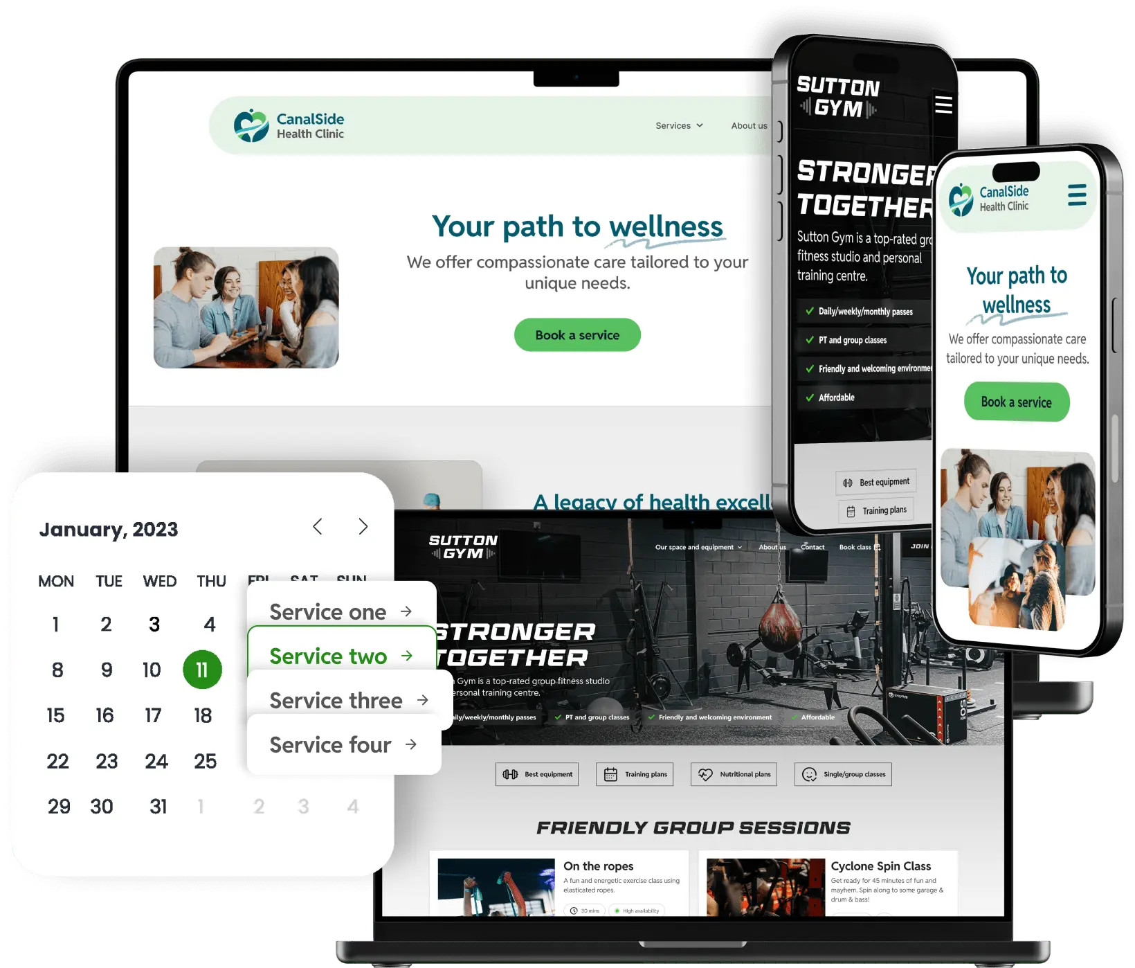 Website designs of a gym and a health clinic. Displayed on laptops and iPhones.