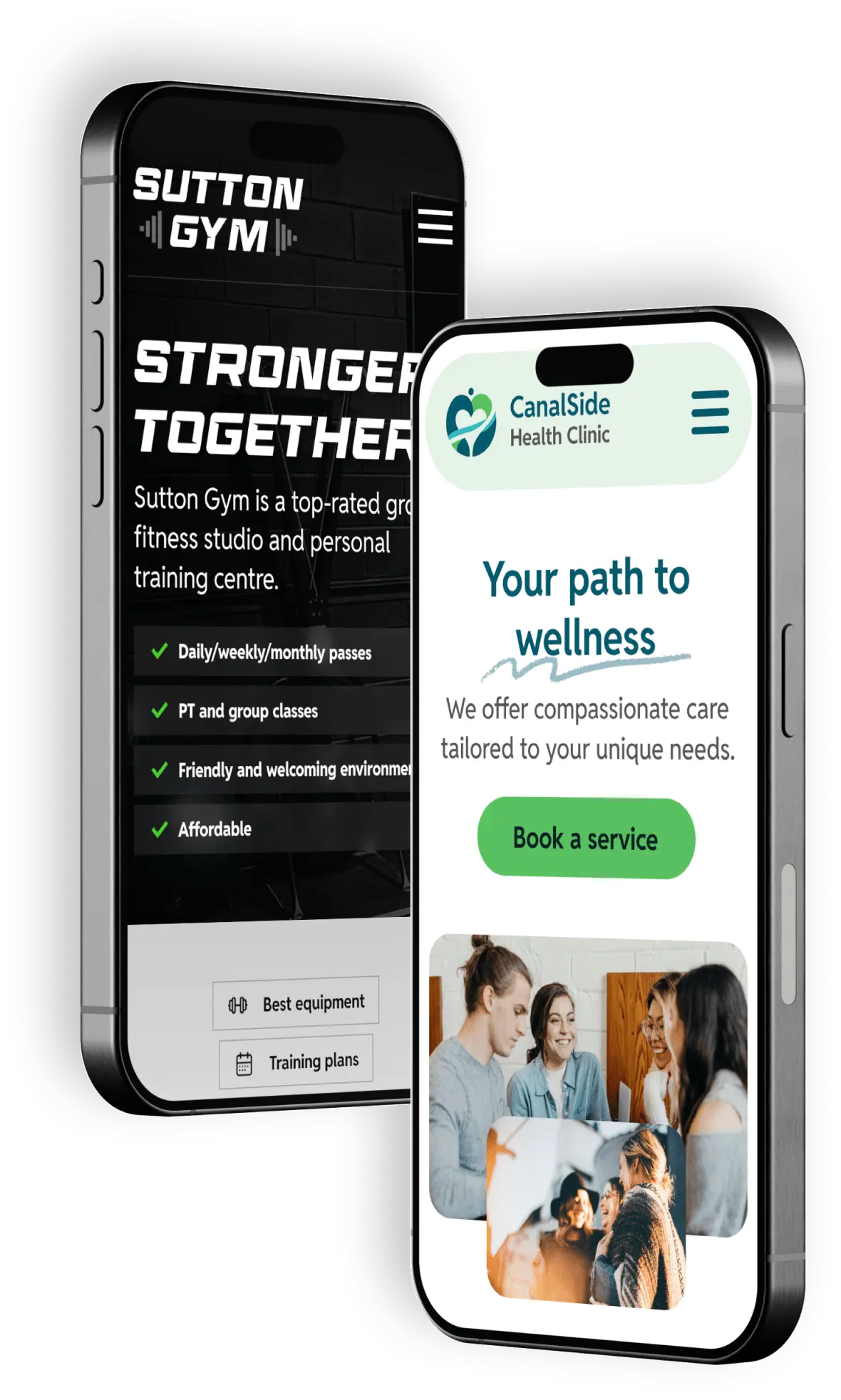 Website design of a gym and health clinic displayed on iPhones.