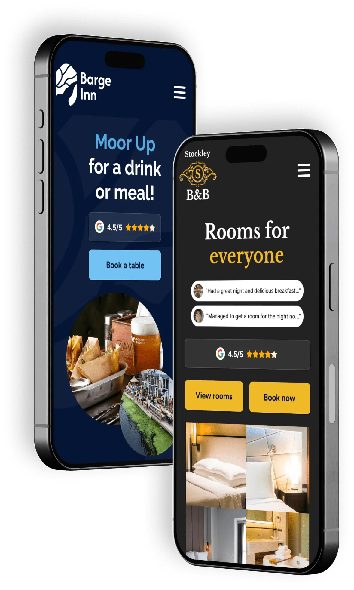 Website designs for a pub/restaurant and a bed and breakfast.
