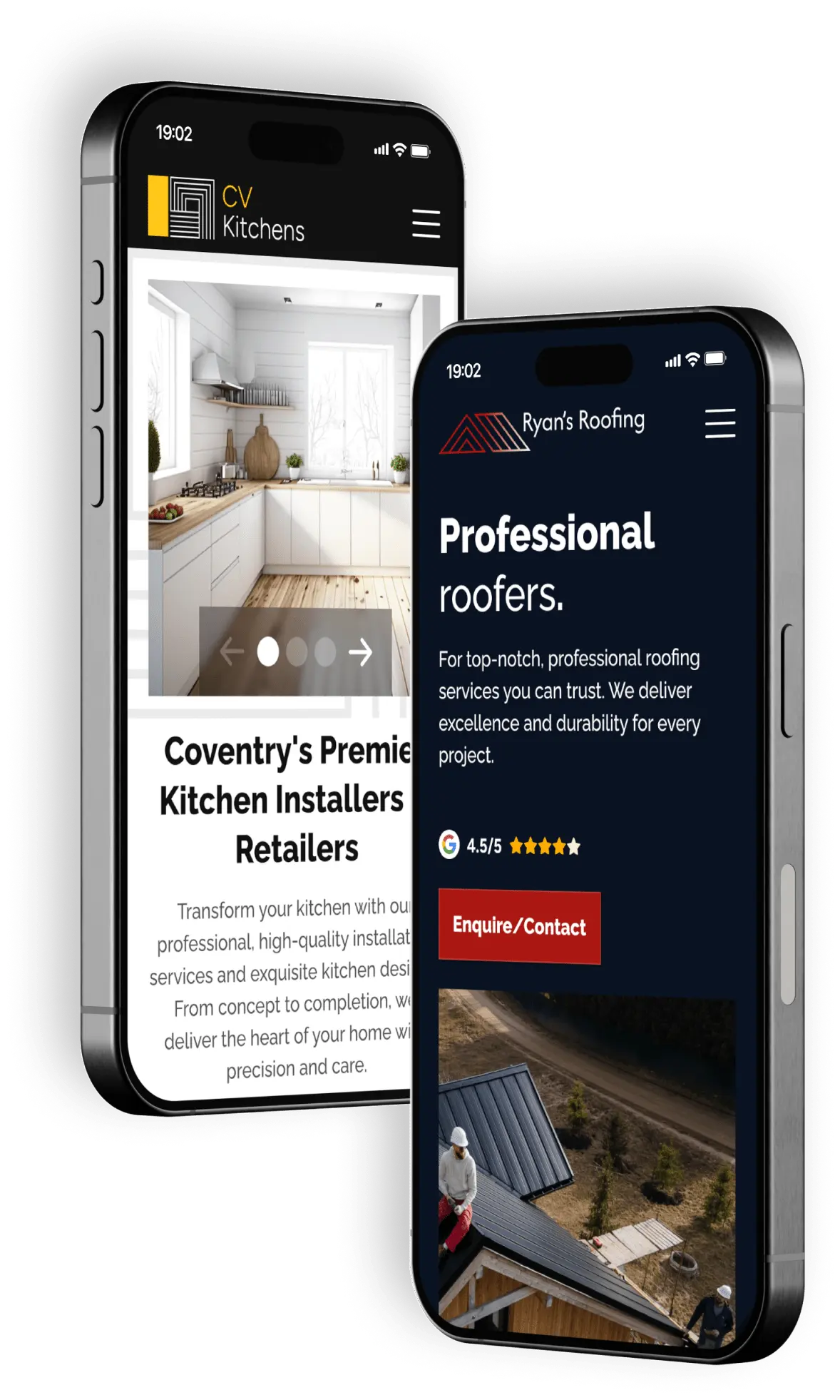 Website designs for a roofing company and a kitchen installer. Shown on iPhones.