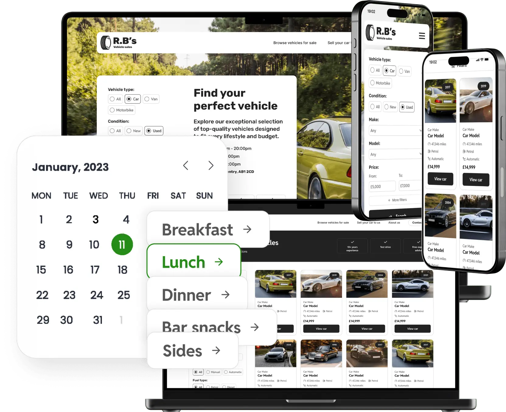 A website design of a car sales company. Featuring the home page and listings page displayed on laptop and mobile.
