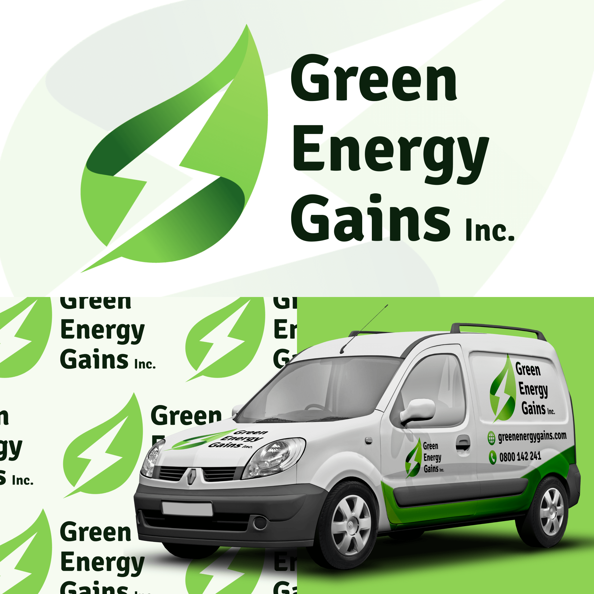 Green Energy Gains logo. It features a leaf shape with an electric bolt inside of it.