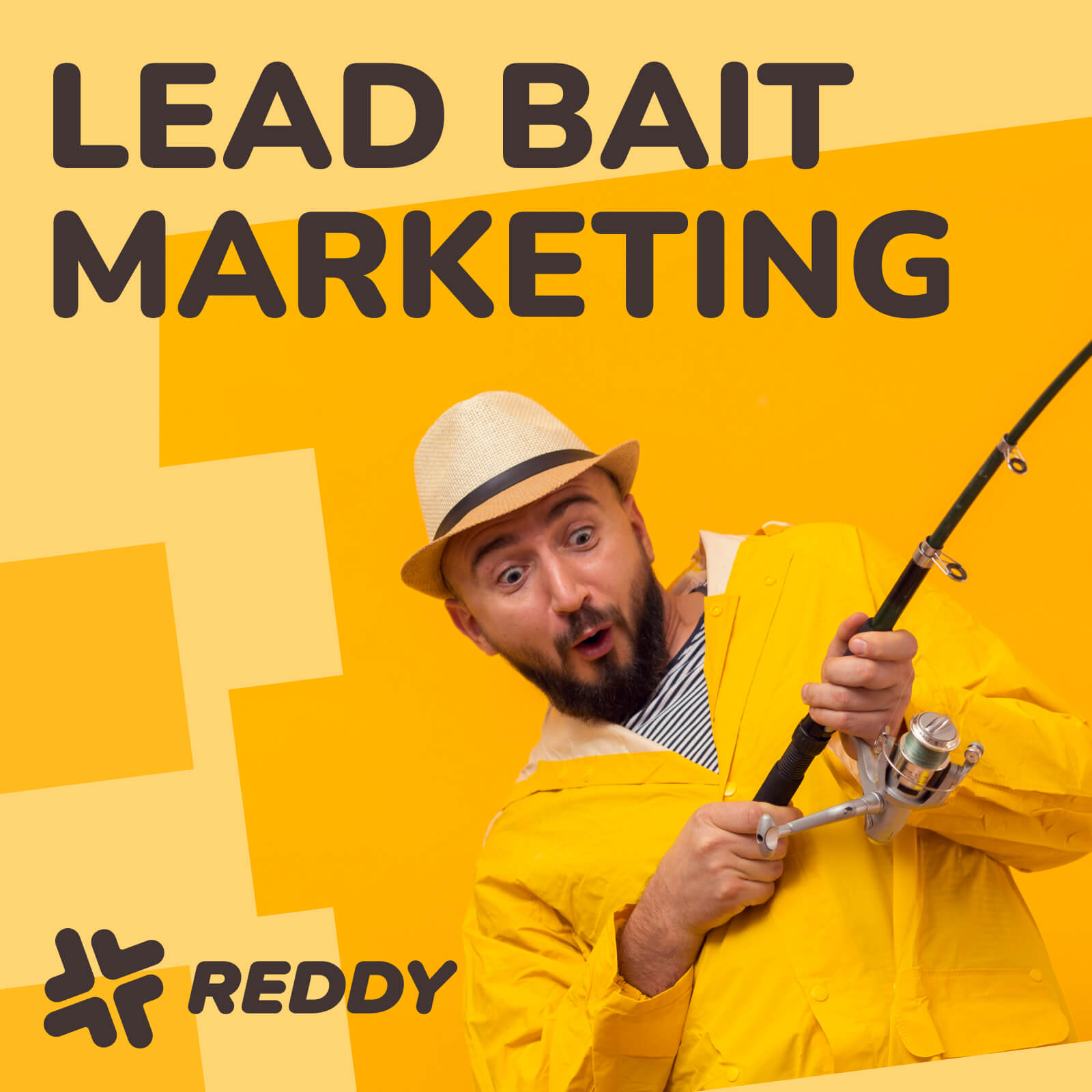 Man in yellow fishermans jacket holding a fishing rod as if he is reeling in some leads from his marketing bait
