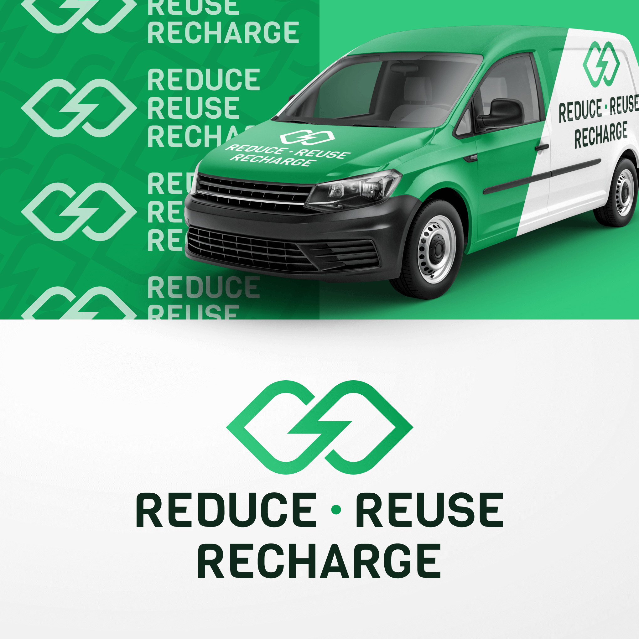 Reduce, Reuse, Recharge logo. It features the infinity symbol with an electric bolt integrated into it and is displayed as a van wrap graphic