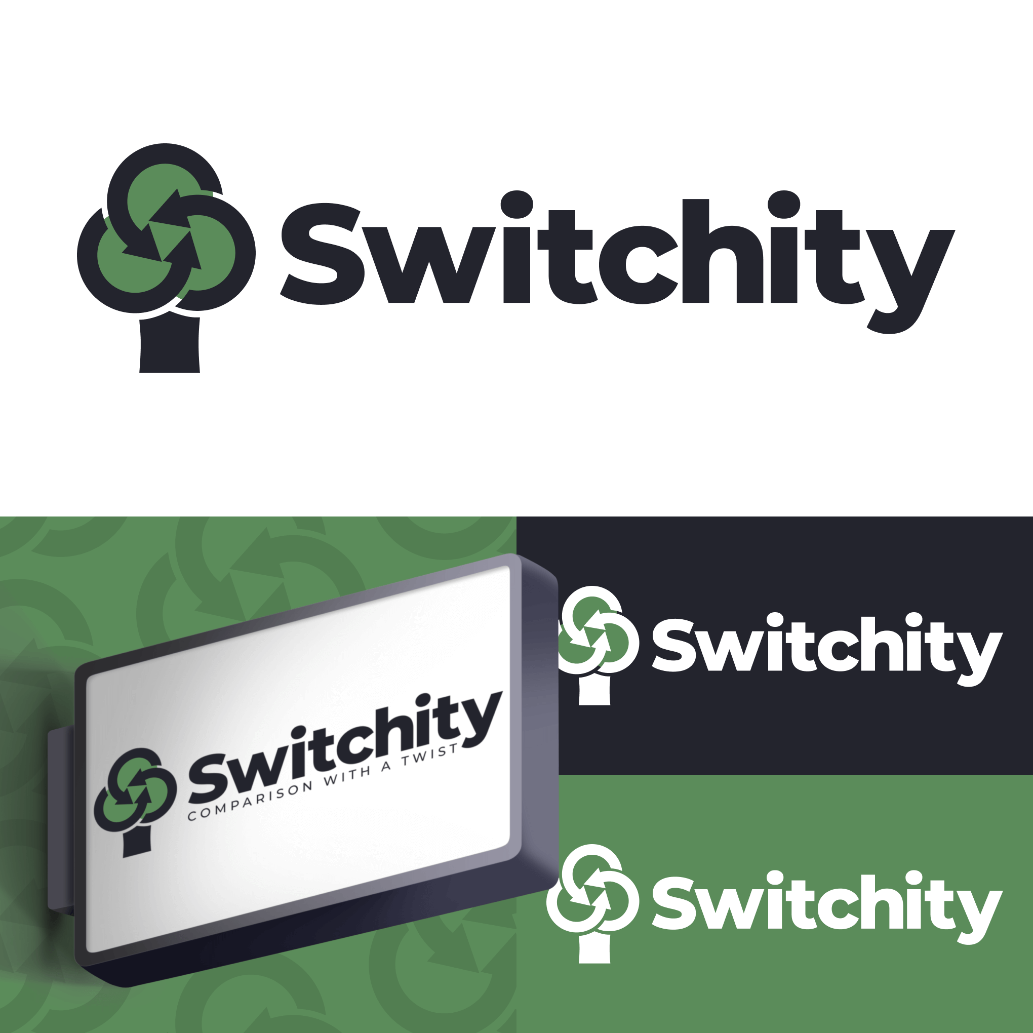 Switchity switch are a comparison website company. Their logo features a tree with arrows to represent switching suppliers. They plant a tree for every switch they do.
